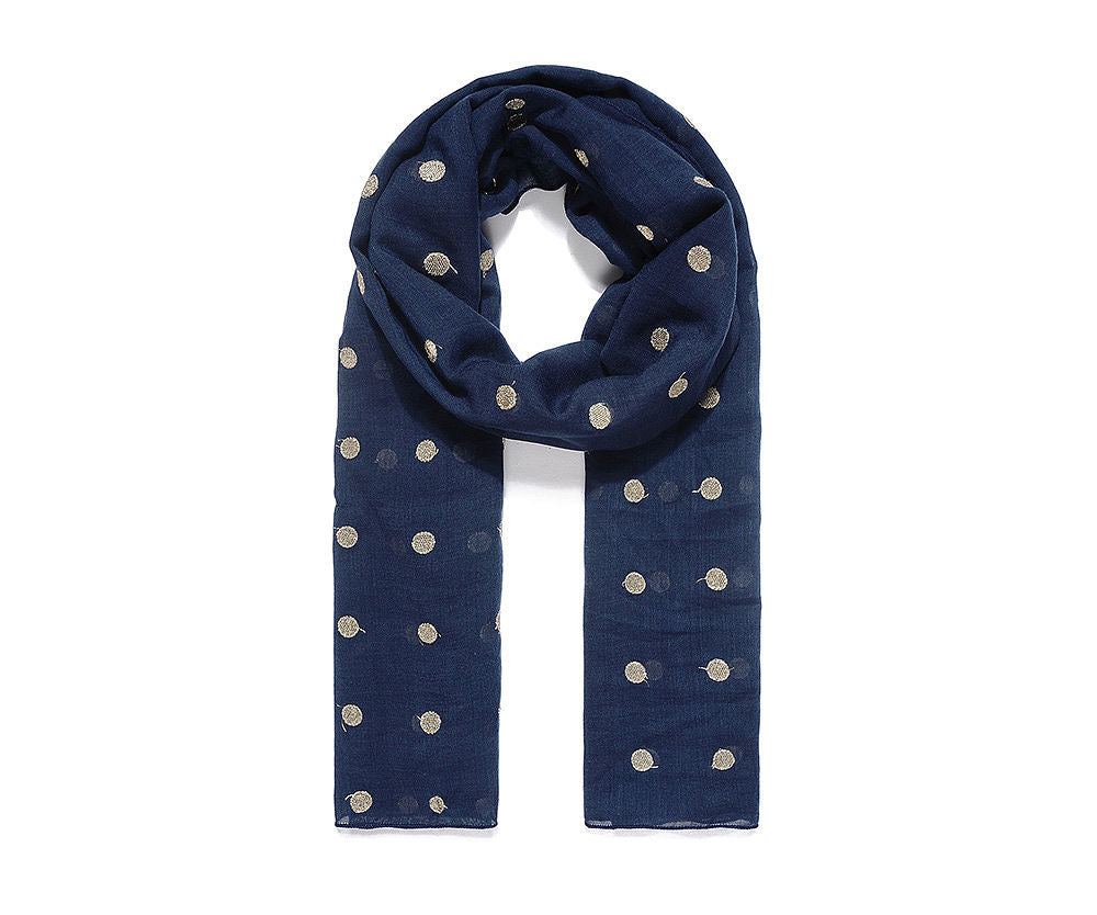 Navy Blue Polka Dot Embroidered Scarf