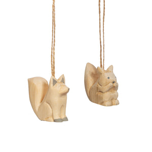 Wooden Handcarved Fox & Squirrel Tree Decorations