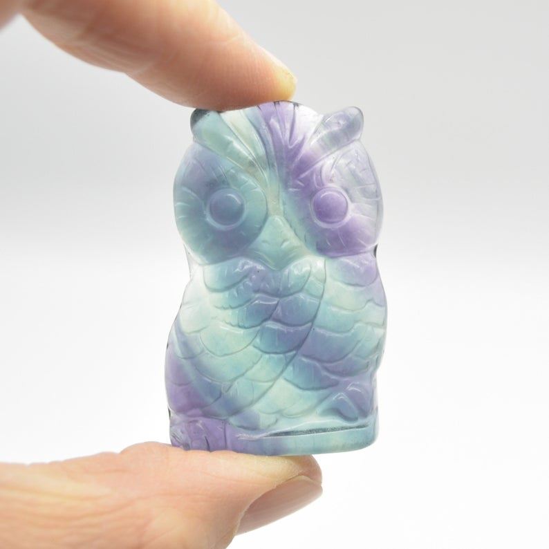 Natural Rainbow Fluorite Semi-precious Gemstone Carved Owl